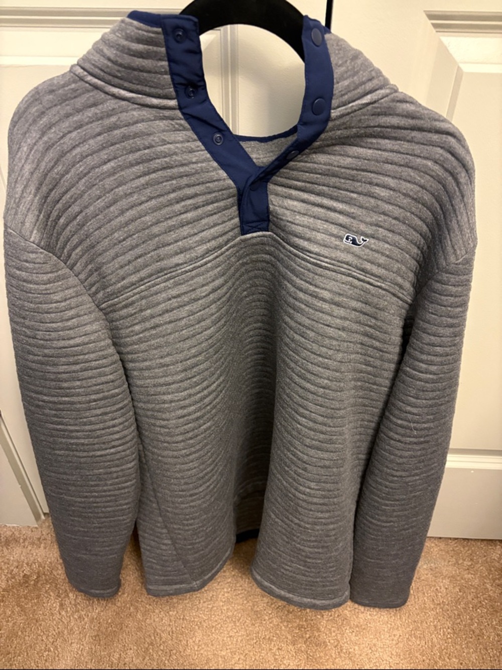 Vineyard Vines Gray Quilted Zip-Neck Sweater with Navy Trim